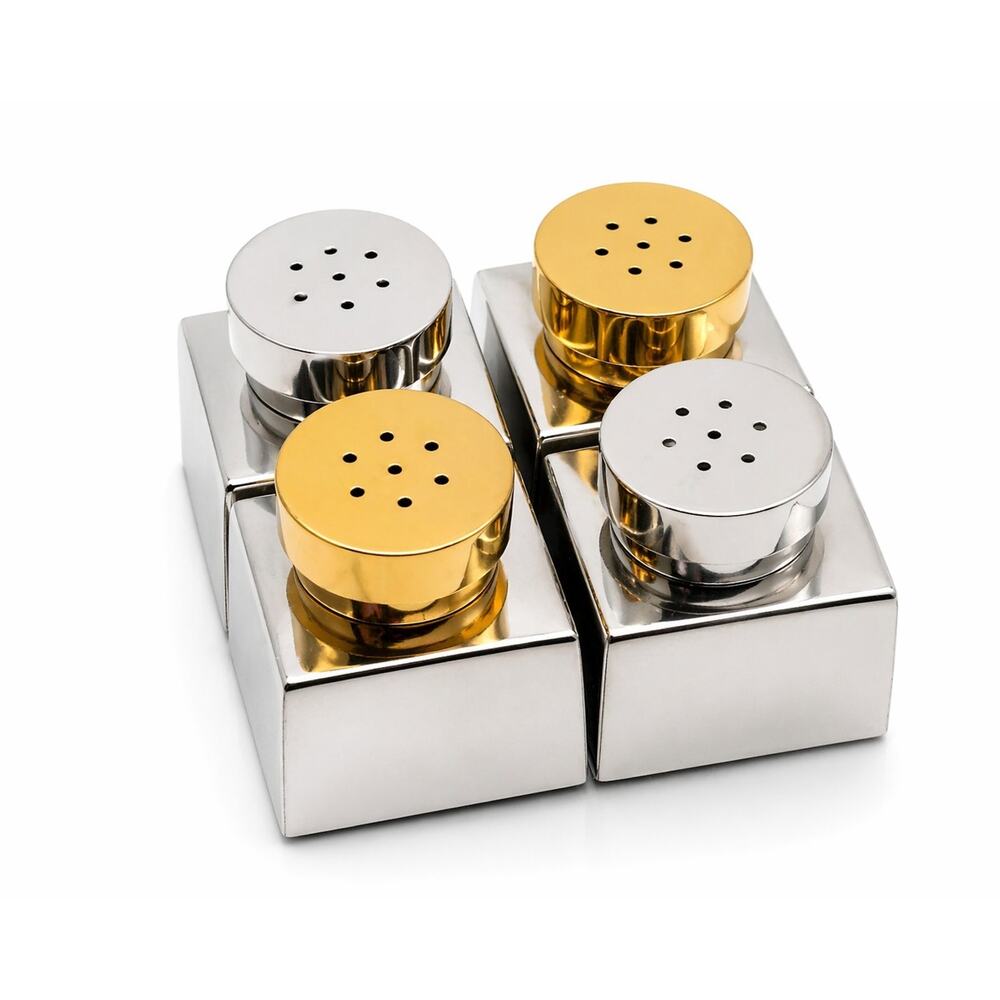 MCM Atomic Chrome Gold Salt Pepper Shakers Set Japan 1960s Mod Cube